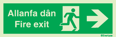 Evacuation sign, fire exit, arrow right welsh/english