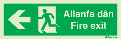 Evacuation sign, fire exit, arrow left welsh/english