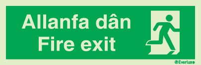 Evacuation sign, fire exit, right welsh/english