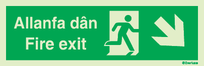 Evacuation sign, fire exit, down right welsh/english