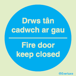 Information sign, fire door keep closed welsh/english