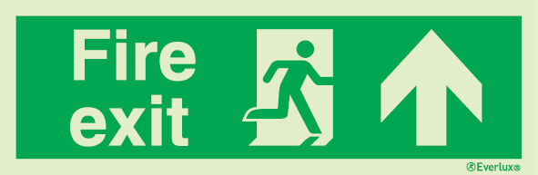 Emergency escape route sign, british standard escape route with text arrow up