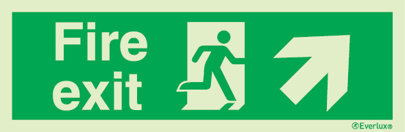 Emergency escape route sign, british standard escape route with text arrow up/right