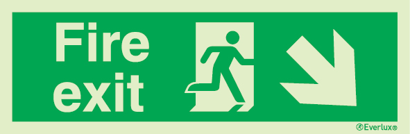 Emergency escape route sign, british standard escape route with text arrow down/right