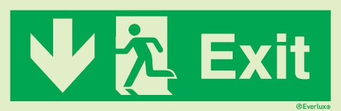 Emergency escape route sign, british standard escape route with text arrow down