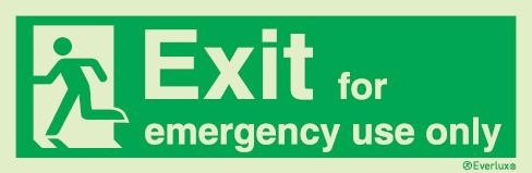 Emergency escape route sign, british standard escape route with text exit for emergency use only