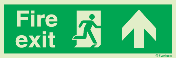 Emergency escape route sign, Large Directional signs British standard with text, Fire exit up