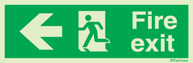 Emergency escape route sign, Large Directional signs British standard with text, Fire exit left