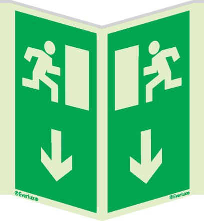 Emergency escape route sign, Panoramic signs wall mounted vertical European directive, Arrow down