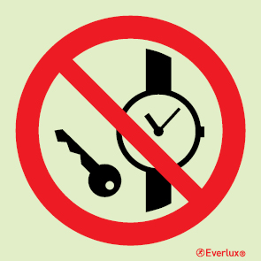 Prohibition signs, signs prohibiting dangerous actions, No metallic articles or watches