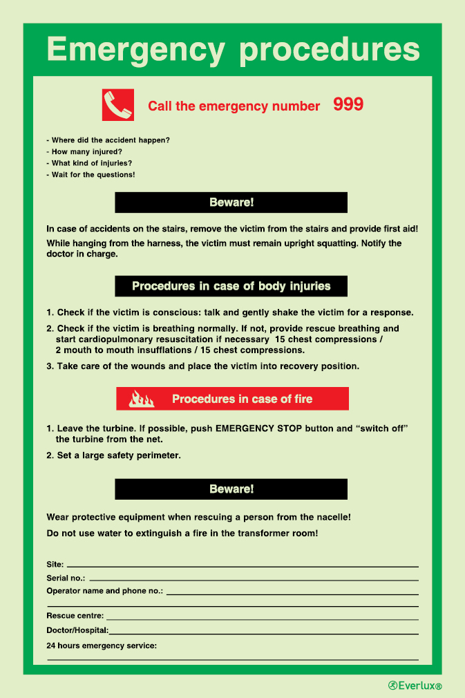 Signs for wind turbines, Safety procedures, Emergency procedures