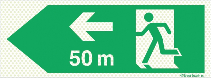 Reflecto-luminescent signs, Emergency escape route, Left 50m