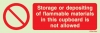 Prohibition signs, signs prohibiting dangerous actions, Storage or depositing or flammable materials in this cupboards is not allowed